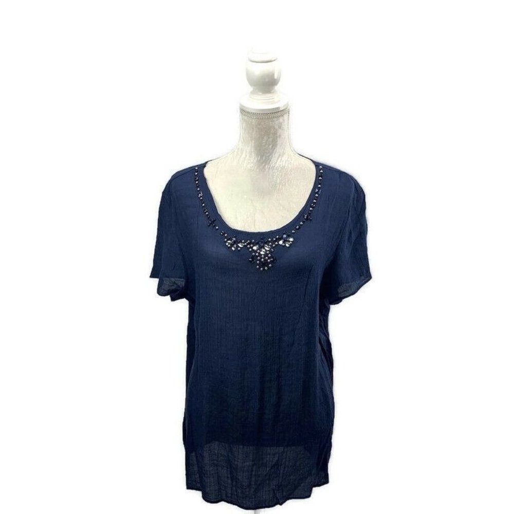 Lightweight Embellished Jewel Bib Blueā Top Christopher & Banks Semi Sheer XL